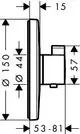 Thermostatunterputz von Hansgrohe mit kreisförmiger Frontplatte und seitlichem Anschluss. Maße und Details sind im technischen Diagramm dargestellt.